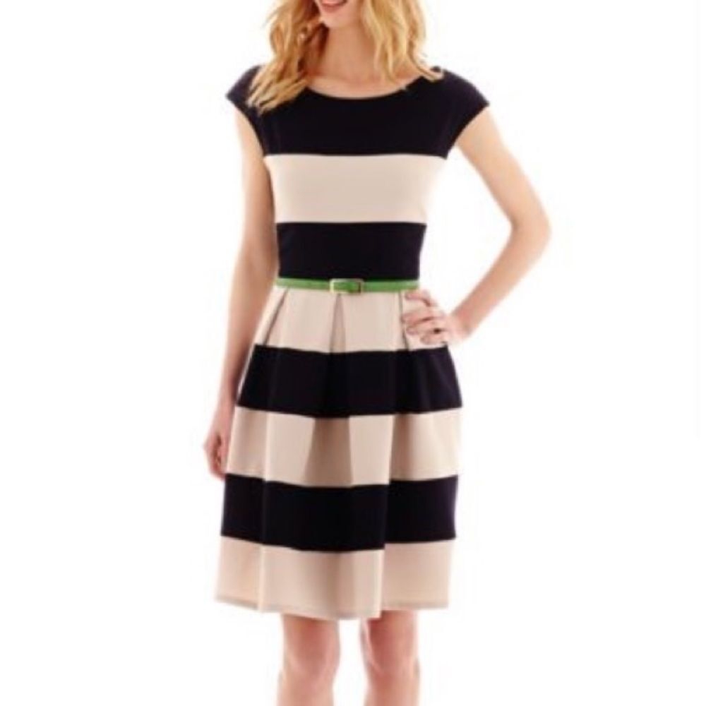 Modcloth Black and Cream Striped Dress with Green Belt